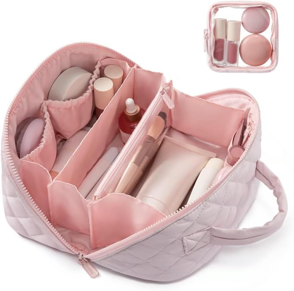 Makeup Bag for Women, Wide Open Lay-Flat Water-Resistant Cosmetic Case, Festivalment Makeup Bag, Spacious 180° Open Cosmetic Organizer for Toiletries & Brushes Large Capacity with Compartments (Beige) - color: Beige