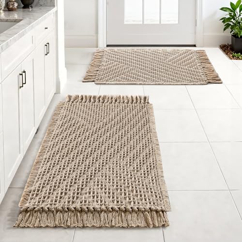 H.VERSAILTEX Waffle Bath Mat Super Absorbent Boho Bath Mat Non Slip Bath Rugs for Bathroom Floor Machine Washable Dry Fast Bathroom Rugs with Tassels (20 x 32 Plus 17 x 24 Inches, Irish Cream) - color: Irish Cream, size: 20" x 32" Plus 17" x 24"