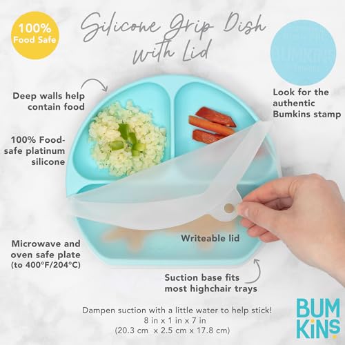 Bumkins Toddler and Baby Suction Plate, Silicone Divided Grip Dish and Lid, Babies and Kids, Baby Led Weaning, Children Feeding Supplies, Non Skid Bottom, Platinum Silicone, Ages 6 Mos Up, Lavender - color: D5 Lavender-GD Lid