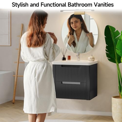 ONBRILL Modern Bathroom Vanity with Sink Combo, Curved Floating Bath Vanity with 2 Drawers, Wall Mount Bathroom Vanities with Integrated Ceramic Sink for Small Space, Apartment (Black, 24") - color: Black, size: 24"