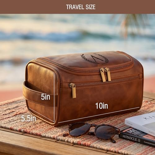 Travel Toiletry Bag Hanging For Mens PU Leather - Yellow Brown (Initial O) | Waterproof Dopp Kit Bag Beach Travel Essentials Bathroom Organizer, Personalized Gifts For Father Husband Groomsmen Birthday - color: Yellow Brown, style: O