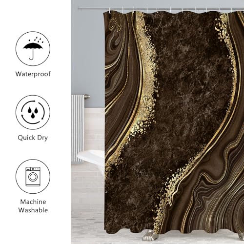 Gibelle 4 Pcs Luxury Marble Shower Curtain Set with Non-Slip Rugs, Toilet Lid Cover and Bath Mat, Gold Foil Brown Bathroom Decor Set with Shower Curtain and Rugs and Accessories - color: Brown
