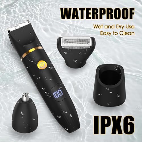 Qreeyx Manscape Body Trimmer for Men, 3 in 1 Men's Grooming Kit with Pubic/Nose Hair Trimmer & Ball Shaver for Nose/Balls/Groin/Legs/Chest Hair Removal, LED Display, IPX6 Waterproof, Gifts for Him Dad - color: Black