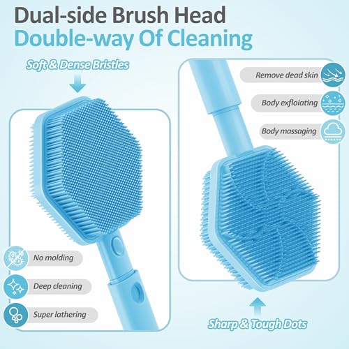 Silicone Back Scrubber for Shower, 16''-21''Extendable Shower Back Scrubber with Dual-Side Large Brush Head, 3-Length Back Brush Bath Brush with Strong Handle & Rich Foaming Bristles(Blue) - color: Blue