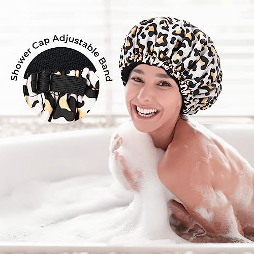 Shower Cap for Women Terry Lined Bath Cap Large Reusable Waterproof Elastic Band Leopard Shower Caps for Long Thick Hair Soft Bath Shower Hair Caps - color: Leopard Print Pattern