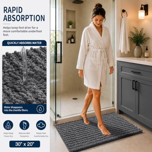 Yimobra Bathroom Rug Set 3 Piece - Super Absorbent Quick Dry Chenille Bath Mats & Toilet Rug, Non Slip Machine Washable, Extra Thick Shaggy Floor Mat for Shower Tub Sink, Dark Gray - color: Dark Gray, size: 24"x17" + 24"x20" + 30"x20"