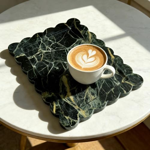 Real Natural Green Marble Tray, Luxury Scalloped Marble Tray, Decorative Rectangle Marble Tray for Vanity Bathroom Kitchen Coffee Table Jewelry Perfume Home Decor - color: Verde Guatemala