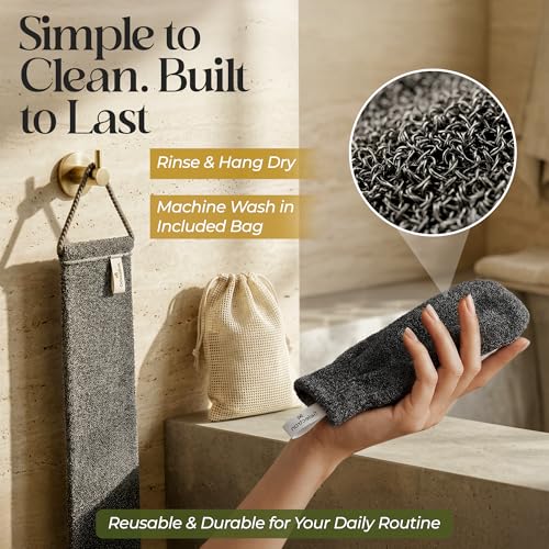 Body Scrubber Set – Back Scrubber Strap & Exfoliating Glove, 3 Piece Shower Kit with Mesh Laundry Bag for Easy Machine Washing, Gentle Cleansing & Smooth Skin – DelecoRon