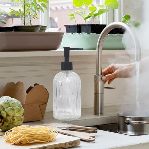 Clear Glass Soap Dispenser with Black Plastic Pump, 13.5oz Refillable Liquid Hand Soap Dispenser, Lotion Dish Soap Dispenser for Modern Home Decor, Bathroom, Kitchen Countertop, Hotel - color: Clear