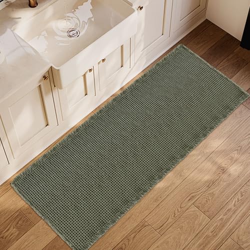 ZALL Waffle Bath Mat,Super Absorbent Non Slip Long Bathroom Runner Rug,Dark Green 24X60inch,Machine Washable Ultra Soft Floor Mats - color: Dark Green, size: 24 x 60 inches(Rectangular)