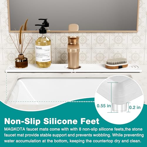 Stone Faucet Mat for Kitchen Sink - Quick Dry Diatomite Sink Splash Guard, Prevents Moisture Buildup & Water Stains, Water Absorbing Stone Tray for Bathroom Countertop (White, 20" x 4") - color: White, size: 20" x 4"