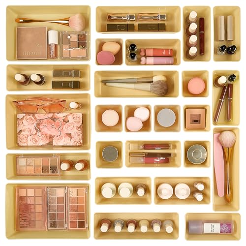 Vtopmart 25 PCS Plastic Drawer Organizers Set, 4-Size Versatile Bathroom and Vanity Drawer Organizer Trays, Storage Bins for Makeup, Bedroom, Kitchen Gadgets Utensils and Office - color: Beige