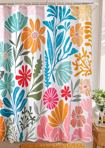 RoomTalks Cute Colorful Floral Faux Linen Shower Curtain Funky Aesthetic Bathroom Decor - Heavy Duty Modern Abstract Matisse Blue Pink Flowers Plants Botanical Shower Curtain Set - color: Blue and Pink, size: 72"W x 72"L (Pack of 1)