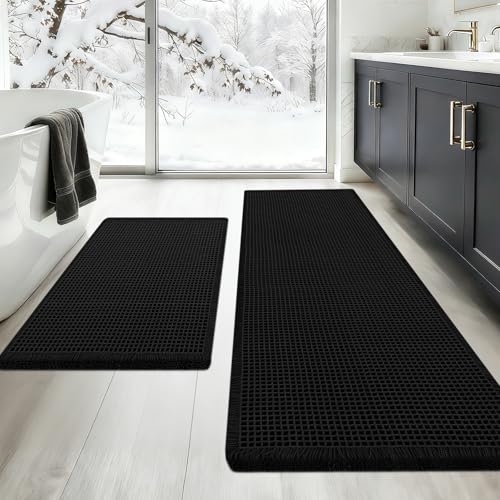 Upgraded Waffle Bath Mat Set 2 Piece Black, Super Absorbent Non-Slip Quick Dry Bathroom Rugs with Tassels, Machine Washable Ultra Soft Boho Bath Rugs for Floor, Toilet Mats Boho Farmhouse Decor - color: Black, size: 24"x17"+5'x2'