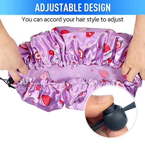 Shower Caps for Women Reusable Waterproof, Adjustable Double Layer Shower Cap, Hair Cap, Bathing Cap Shower Hat Fit for Kids Adult Hair Protection - color: Purple Strawberry, size: Medium