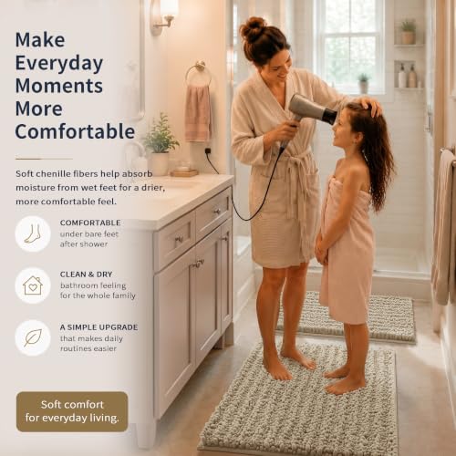 Yimobra Bathroom Rug Set 3 Piece - Super Absorbent Quick Dry Chenille Bath Mats & Toilet Rug, Non Slip Machine Washable, Extra Thick Shaggy Floor Mat for Shower Tub Sink, Camel - color: Camel, size: 24"x17" + 24"x20" + 30"x20"