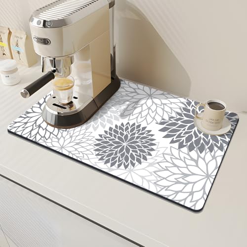 Findosom 2PCS 17" x 32" Dish Drying Mat & 24" x 5.5" Sink Splash Guard, Super Absorbent & Cuttable Dish Mat Drying Kitchen Mat with Gray Floral, Hide Stain Drying Mat for Kitchen Counter - color: Gray, size: 17" X 32" + 24" X 5.5"