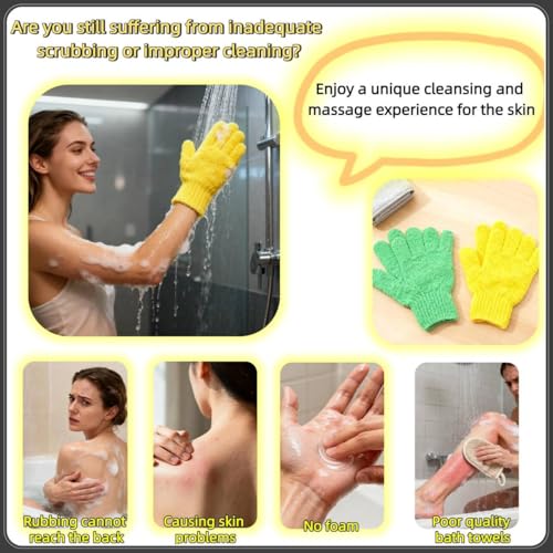 4-Pack SpaGlow Exfoliating Bath Gloves - Body & Face Scrub for Smooth Skin, Prevent Acne, Unclog Pores. Deep Cleansing and Massage Spa Gift Set for Women/Men, Yellow and green