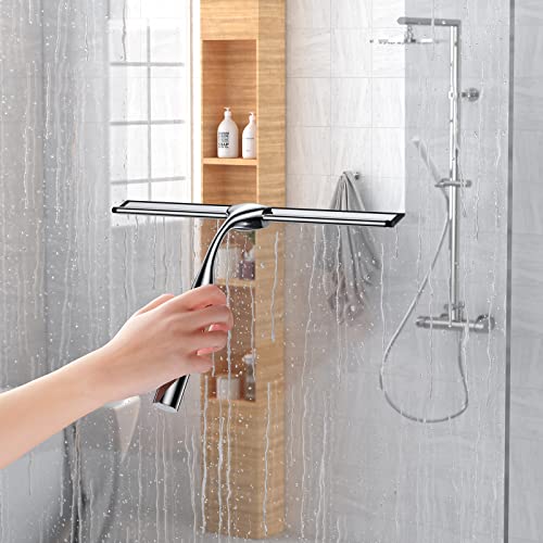Shower Squeegee for Glass Door Stainless Steel Bathroom Squeegee Window Wiper, Includes Shower Door Hook, Adhesive Hook, and Spare Silicone Blade for Window Mirror Car 12-Inch - color: Silver, size: 12-inch