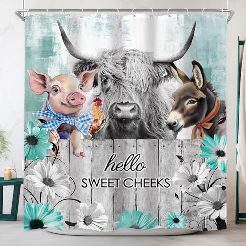 Newsely Rustic Funny Highland Cow Shower Curtain 60Wx72H Inch Teal Floral Daisy Farmhouse Western Animal Donkey Chicken Pig Bathroom Set Bull Wooden Waterproof Bath Decoration Accessories Home Decor - color: A-03cow, size: 60"W x 72"L (Pack of 1)