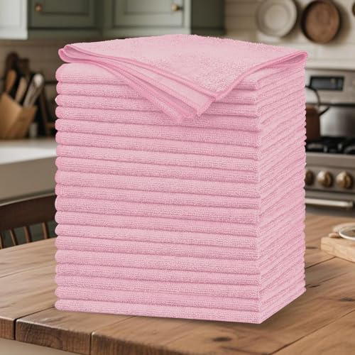 20 Pack Pink Microfiber Cleaning Cloth, Lint-Free Car Wash Towels, All-Purpose Absorbent Cleaning Rags for Housekeeping, Dust Cloth for Office, Mechanic, Automotive - color: Pink