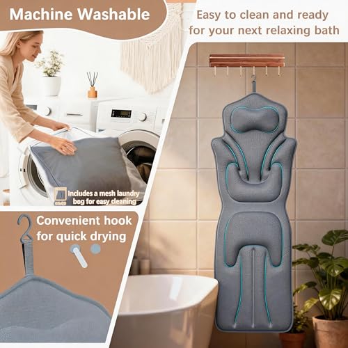 59'' Full Body Bath Pillow for Bathtub 6D Air Mesh 144 Suction Cups | Bath Pillow Luxury Bathtub Pillow 3.7'' Head, Neck and Back Support Bath Tub Pillow Extra-Large 59 x 20 Inch Size - color: Grey, size: Large