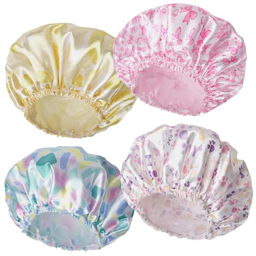 Shower Caps for Women, 4 PCS Elastic and Reusable Bath Caps, Double Layers Shower Cap Reusable Waterproof, Bathing Shower Caps, Environmental Bath Hair Protection Cap - Bow - color: Bow