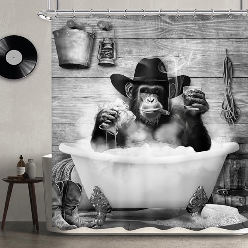 Newsely Funny Monkey Shower Curtain 72Wx72H Inch Western Cowboy Chimpanzee in Bathtub Black White Animal Wildlife Shower Curtain Bathroom Set Boys Men Waterproof Bath Decoration Accessories Home Decor - color: C-monkey, size: 72"W x 72"L (Pack of 1)