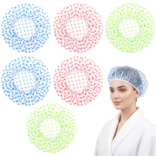6PCS Shower Caps, Waterproof Reusable Plastic Shower Caps Elastic Band Flower Printed Hair Cap Bath Hair Hat for Women Ladies Spa Salon (Red+Green+Blue)