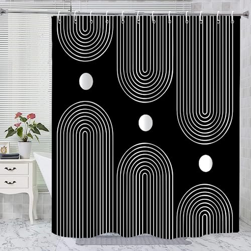 Black and White Extra Long Shower Curtain, Boho Minimalist Mid Century Modern Arch Geometric Machine Washable Waterproof Fabric for Bathroom Bathtub with Hooks 72Wx84H - color: Black and White Boho, size: 72"W x 84"L (Pack of 1)