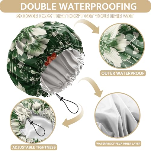 Shower Cap Adjustable Waterproof Double Layer Elastic Reusable Hair Bath Cap Cute Aesthetic for Women Girls-Green Flower - color: R5-Green Flower