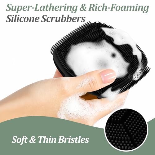 Silicone Back & Face Scrubber & Bath Glove Set 3PCS, 13.4'' Gentle Back Scrubber with Dual-Side Head, 360° Anti-Slip Bath Glove, Unique Side-bristled Face Scrubber for All-round Cleaning(Black) - color: Black*3