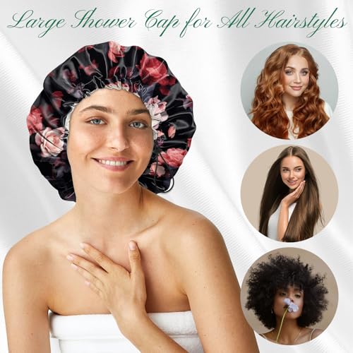 2 PCS Shower Cap Waterproof Double Layer Elastic Adjustable Reusable Hair Bath Caps for Girls Women Cute Aesthetic-Floral 1 - color: G11-Floral 1