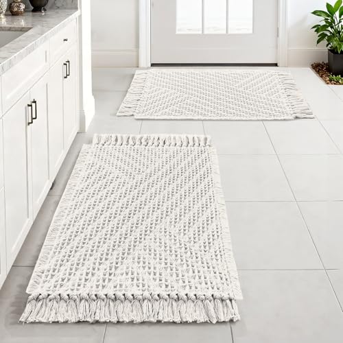 H.VERSAILTEX Waffle Bath Mat Super Absorbent Boho Bath Mat Non Slip Bath Rugs for Bathroom Floor Machine Washable Dry Fast Bathroom Rugs with Tassels (20 x 32 Plus 17 x 24 Inches, Ivory White) - color: Ivory White, size: 20" x 32" Plus 17" x 24"
