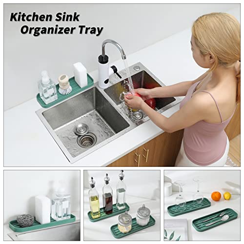 MicoYang Silicone Kitchen Sink Organizer Tray for Multiple Usage,Eco-Friendly Sponges Holder for Kitchen Bathroom Counter or Sink,Dish Soap Dispenser,Scrubber,Bottle,Cup (Green, 12"×4") - color: Green, size: 12" x 4" x 0.7"