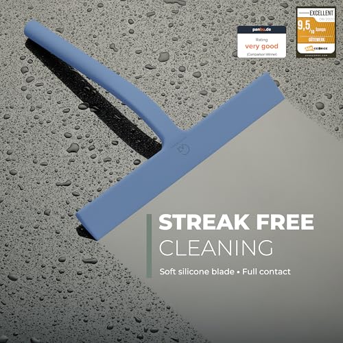 GÜTEWERK Silicone Shower Squeegee for Glass Doors & Mirrors with Stainless Steel Core, Streak-Free & No-Squeak Window Cleaning, 3-in-1 No-Drill Mount (Hook/Suction/Adhesive),Blue, 11 Inches - color: Blue, size: 11 Inches