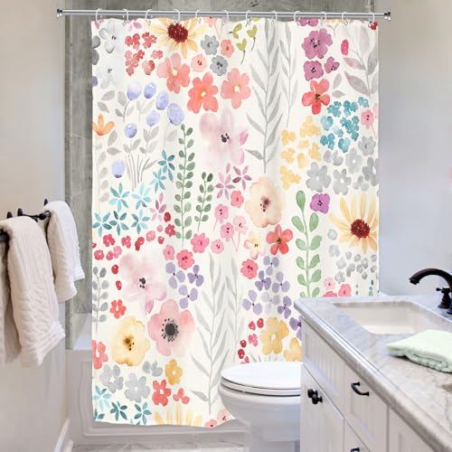 Riyidecor Narrow Small Stall Shower Curtain for Bathroom Decor 54Wx78H Floral Flower Cute Colorful Multicolor Plants Botanical Pink Art Printed Fabric Polyester Waterproof 12 Pack Plastic Hooks - color: A-pink, size: 54"W x 78"L (Pack of 1)