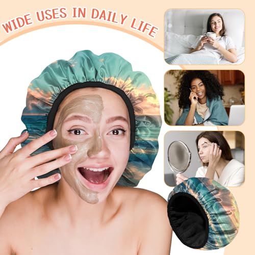 Luxury Shower Cap Terry Lined Reusable Triple Layer Waterproof Hair Elastic Caps Shower Bath Hat for Women Girls Cute Aesthetic-Beach - color: AL3-Beach