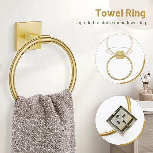 5 Pieces Bathroom Hardware Set Brushed Gold Towel Bar Set Includes 23.6” Towel Bar, Towel Ring Holder, Toilet Paper Holder and Two Towel Hooks, Bathroom Accessories Set SUS304 Wall Mounted - color: Brushed Gold, size: 5 Pieces - Standard