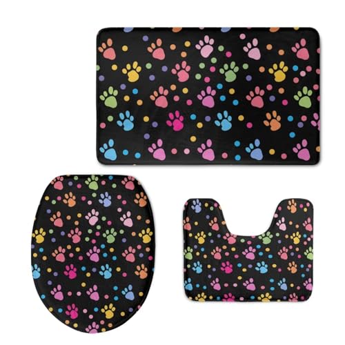 Dog Paw Print Bathroom Rugs Sets 3 Piece Non-Slip 3 Piece Bathroom Rug Set Soft Contour Rug + Toilet Lid Cover + Bath Mat Bathroom Decor Bathroom Rug Sets 3 Piece with Toilet Cover - color: Dog Paw Print