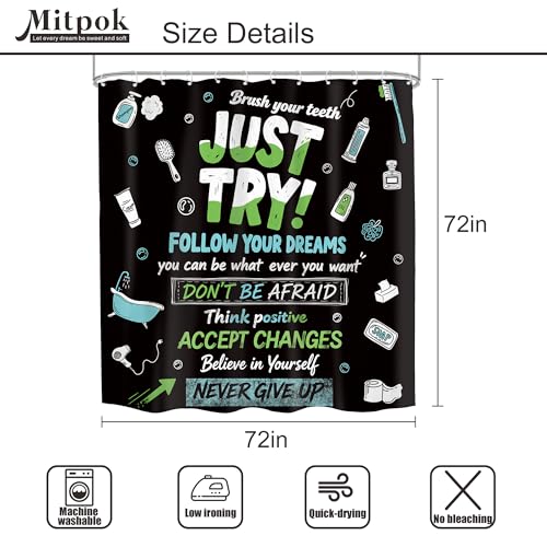 4 PCS Black Inspirational Quotes Shower Curtain Set 72Wx72H Positive Words Bathroom Set Non-Slip Bath Rug Toilet Lid Cover U Shape Mat Complete Bathtub Accessories with 12 Hooks Bathroom Decor - color: F 01black Quotes, size: 72"W x 72"L (Pack of 4)