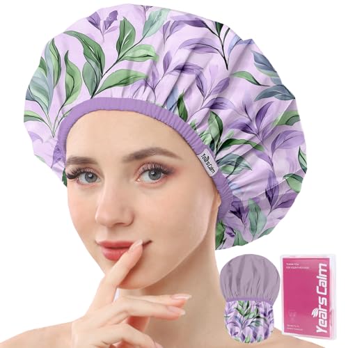 Years calm Shower Caps for Women Reusable Waterproof – Double Layer Elastic Cap with Tropical Botanical Print Shower Cap for Shower, Spa, Travel, Bath & Daily Hair Protection - color: Purple