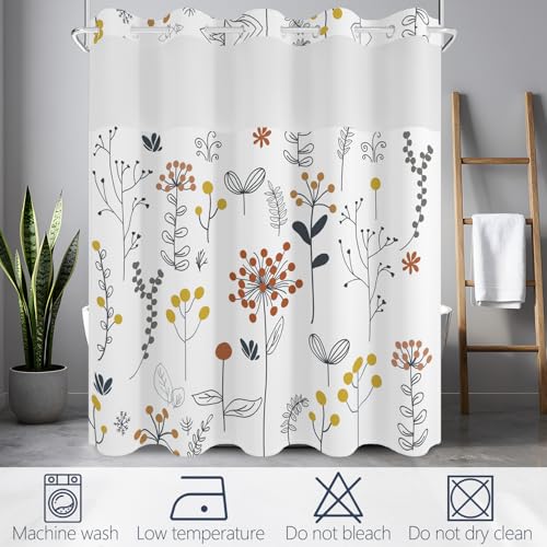 No Hook Shower Curtain with Snap in Fabric Liner Set, Waterproof & Washable, Farmhouse Cute Floral Shower Curtains for Bathroom, Spring Summer Botanical Plants Bathroom Curtain, House Gift, 71x74 inch - color: Hand-drawn Botanical
