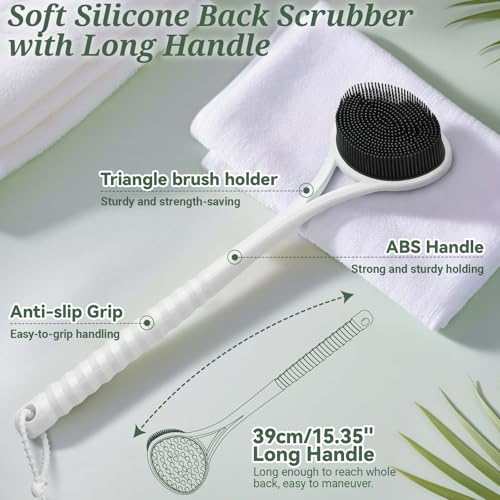 Silicone Back Scrubber & Bath Glove Set, 15.35’’ Soft Back Scrubber with Dual-Side Brush Head, 360° Anti-Slip & Enlarged Exfoliating Body Scrubber for Rich Foaming Deep Cleaning(Black) - color: Black