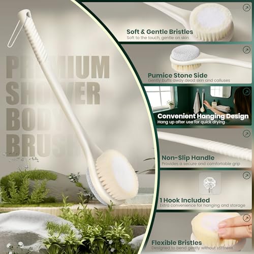 Back Scrubber for Shower, Long Handle Exfoliating Brush, Dual-Sided Bath Brush with Soft Bristles & Volcanic Pumice Stone, Anti-Slip Grip for Men & Women (Light Yellow) - color: Yellow