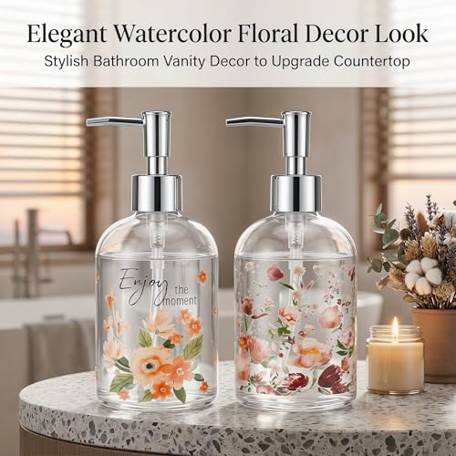 Topadorn Floral Glass Soap Dispenser Set of 2, 17oz Refillable Hand & Dish Soap Pump Bottles for Kitchen, Bathroom Counter Decor, Farmhouse Accessories - color: Pink Floral