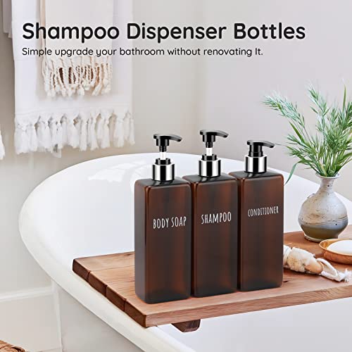 Segbeauty Shampoo and Conditioner Dispenser, 3 Packs 16.9oz Refillable Bathroom Soap Dispenser Set, 500ml Plastic Square Shower Press Pump Bottles Liquid Lotion Dispenser for Kitchen Sink Amber - color: Dark Amber, style: 16.9oz-Silver Pump