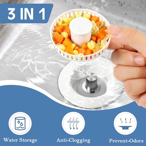 Kitchen Sink Drain Strainer 3 in 1, 304 Stainless Steel Pop Up Sink Stopper, Anti-Clogging Sink Drain Strainer for US Standard Kitchen Drain (White) - color: White, size: 1 Pack