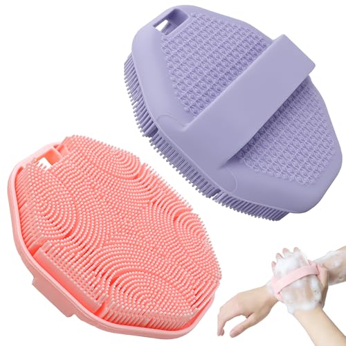 2-Pack Silicone Body Scrubber Shower Brushes,Exfoliating Body Scrubber for All Skin Type, Eco Friendly Shower Scrubber for Body, Soft Silicone Loofah for Men & Women (Pink & Purple) - color: Pink & Purple