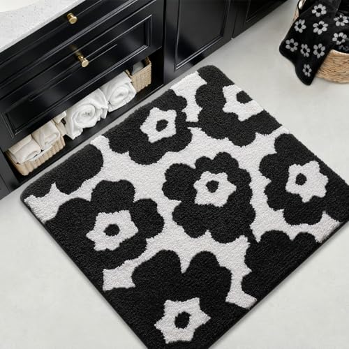 LUMI Floral Bathroom Rugs, Soft Absorbent Square Bath Mat, Non-Slip Quick Dry Luxury Rug, Flower Black White Mats for Shower Floor, Bathtub, Home Decor, Modern Aesthetic, 32"x32" - color: A-flower Black, size: 32"x32"(Square)